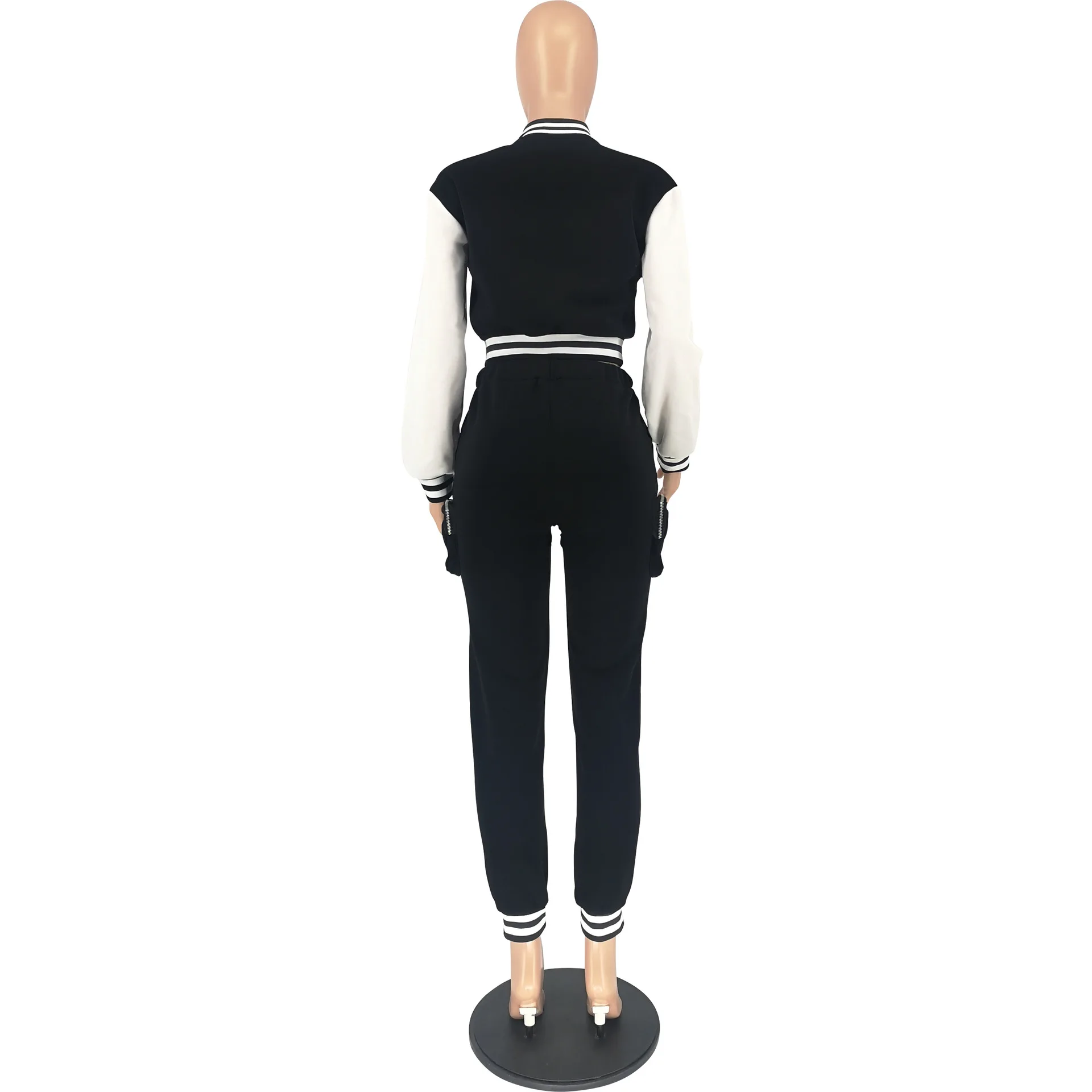 Women'S Fashionable Casual Patchwork Baseball Uniform Long Sleeve Two-Piece Sports Suit  Pocket Zippercargo Pants
