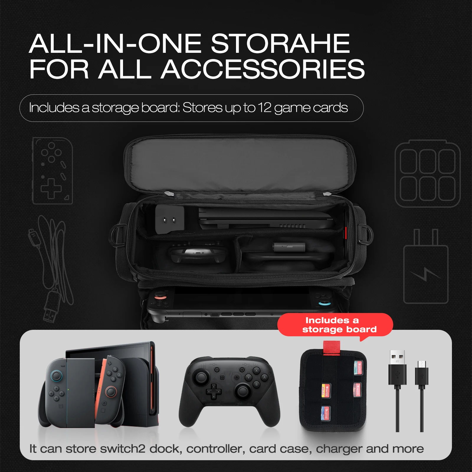IINE CRRRYING STORAGE BAG FOR SWITCH2/ Large Capacity& Sectional Storage& Dual-opening Design & Shockproof Full Protection