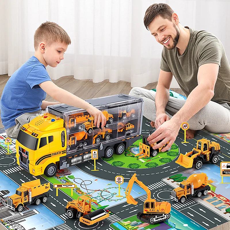 Big Construction Container Transporter Playset With 6PCS Mini Vehicle Carrier Truck Engineering Car Model Toys For Kids Gifts 4