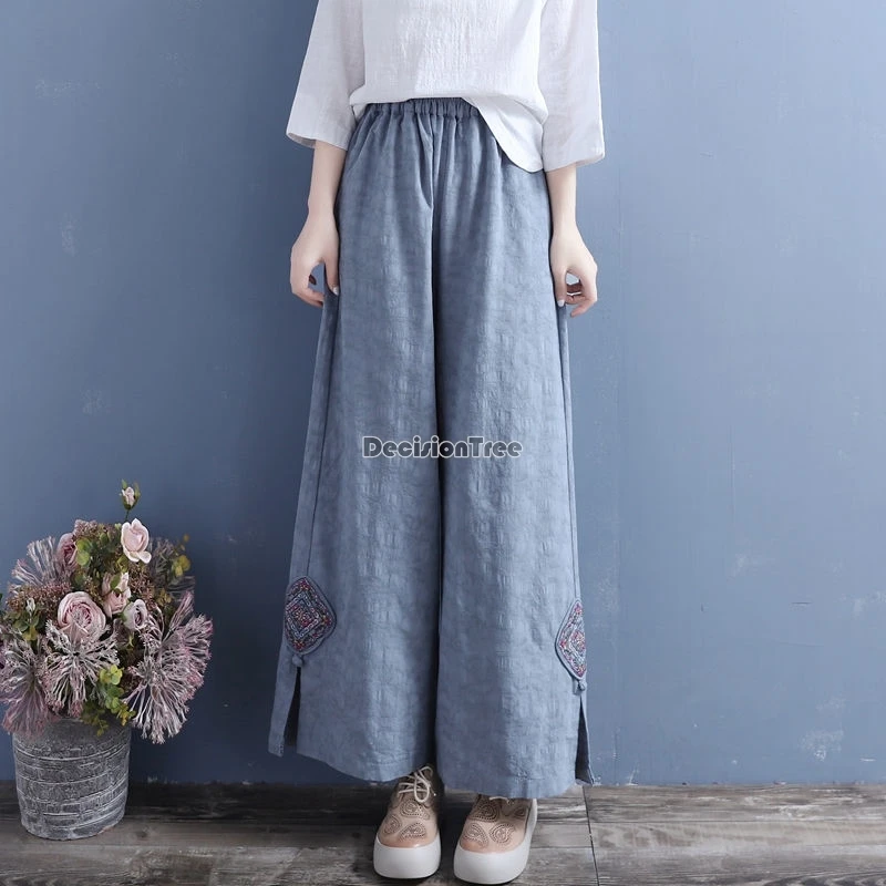 Retro Chinese Style Pants National Solid Color Jacquard Daily Trousers Elastic Waist Wide Leg Cotton Pants