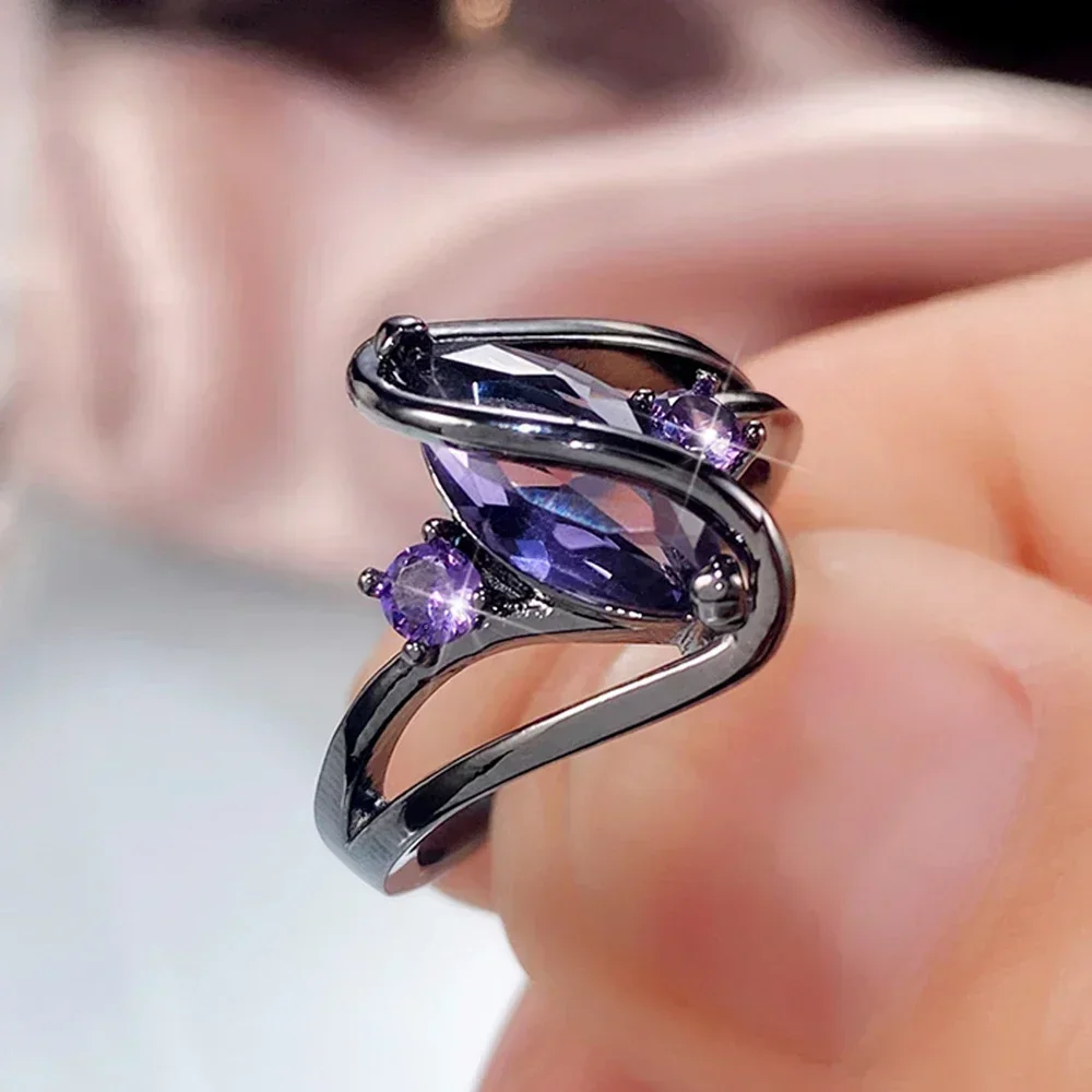 Wedding Rings Women Black Plated with Purple Marquise Cubic Zirconia Personality Gift for Party Jewelry