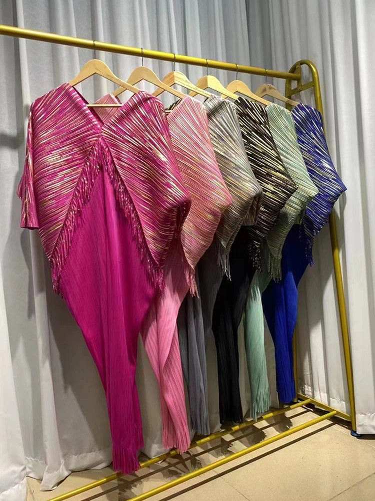 ANLAN Tassel Pleated Miyake Maxi Long Dress Fashion V-Neck