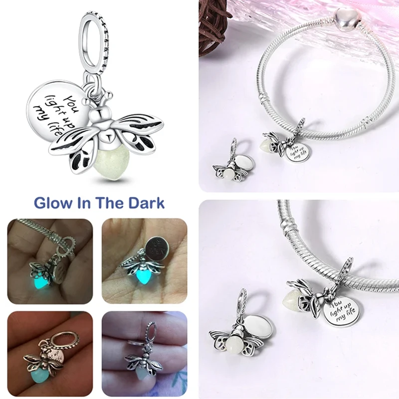 Silver Jewelry 925 Sterling Silver Luminous Firefly Camera Charms Fits Pandora Bracelet Women Pendant Beads DIY Gift