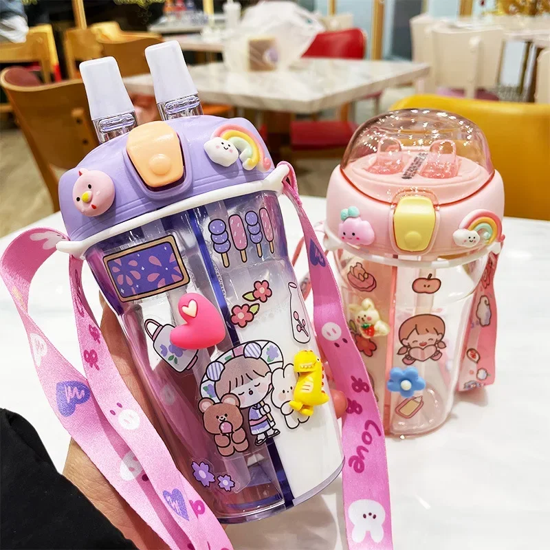 Cute Children Double Drinking Water Bottle Straw Portable Bottle 430ml Plastic Cup
