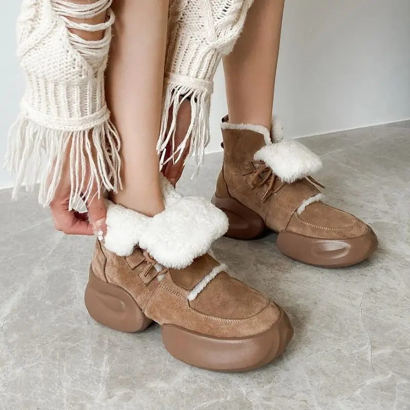 

Real Leather Cowsuede Platform Boots Warm Wool Inner Lace-up Platform Sneakers Black Brown Women Shoes Winter Snow Boots