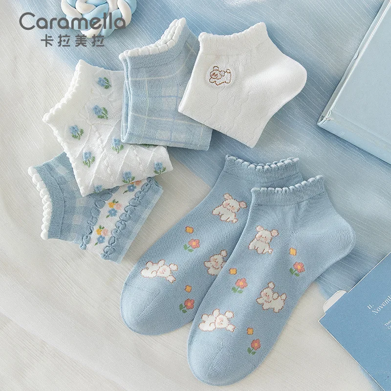 

5pairs/lot Women Socks Four Seasons Cow Print Cartoon Sock Harajuku Cotton Short Socks Striped Comfortable Casual Ankle Socks