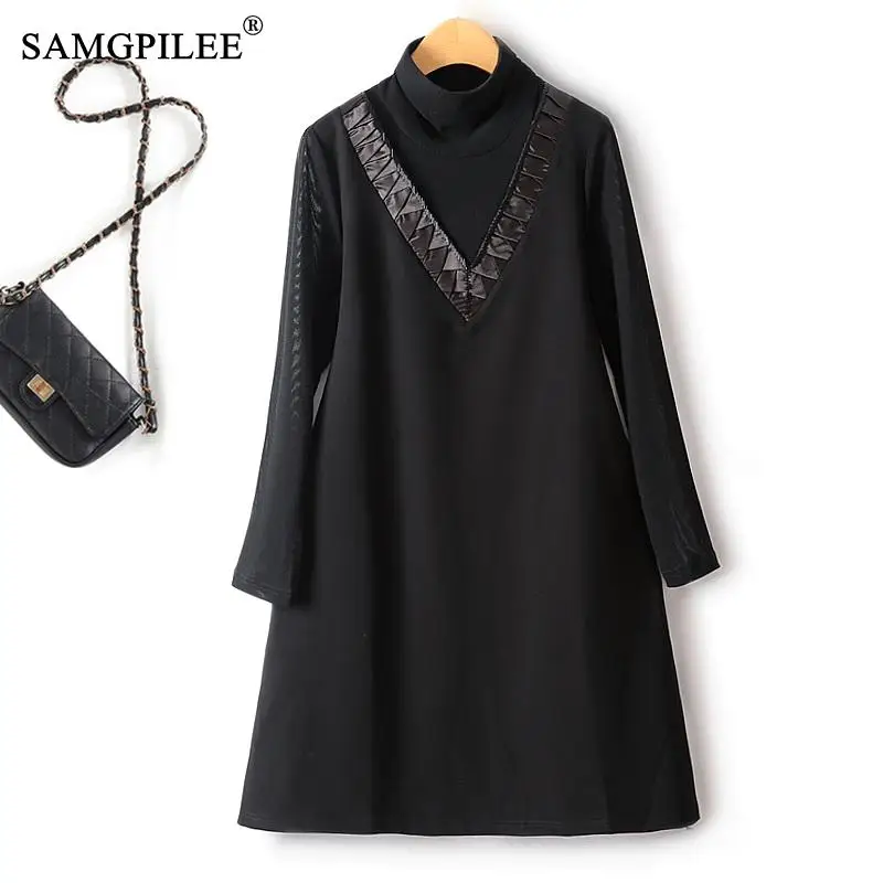

European Station Fake Two Piece Lace Sleeves Turtleneck Collar A Line Hepburn Style Dress Autumn Winter Bottoming Female Dress