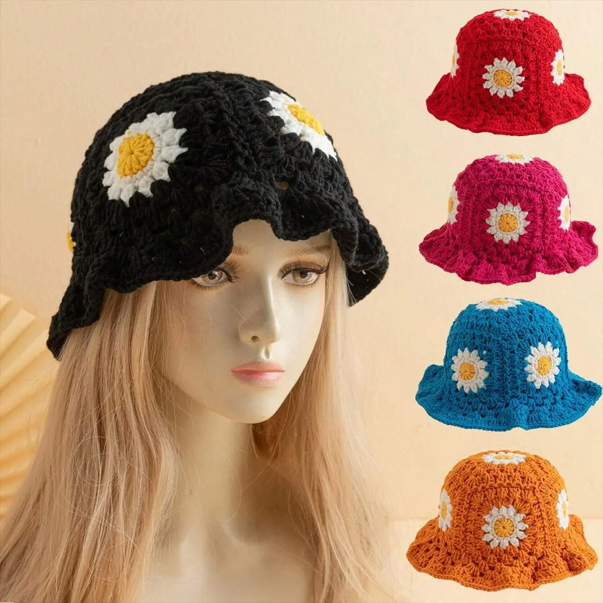 Handgemachte gehäkelte Blumen-Eimer-Mütze für Mädchen, koreanische Fischermütze, Ins Reise, Strand, Panama-Mütze, Strickmütze, Winter-Beanie-Mütze – Detail 1