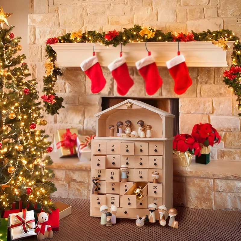 The Rescuer Nativity Advent Calendar - 25-Drawer Wooden Chest Paper Drawers & 30pcs Resin Keepsake Figurine for Kids Family Gift