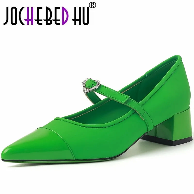 

【JOCHEBED HU】Brand Genuine Leather Style Heel Women's Blocking Formal Ladies Career Shoes Casual Party Shoes 33-40