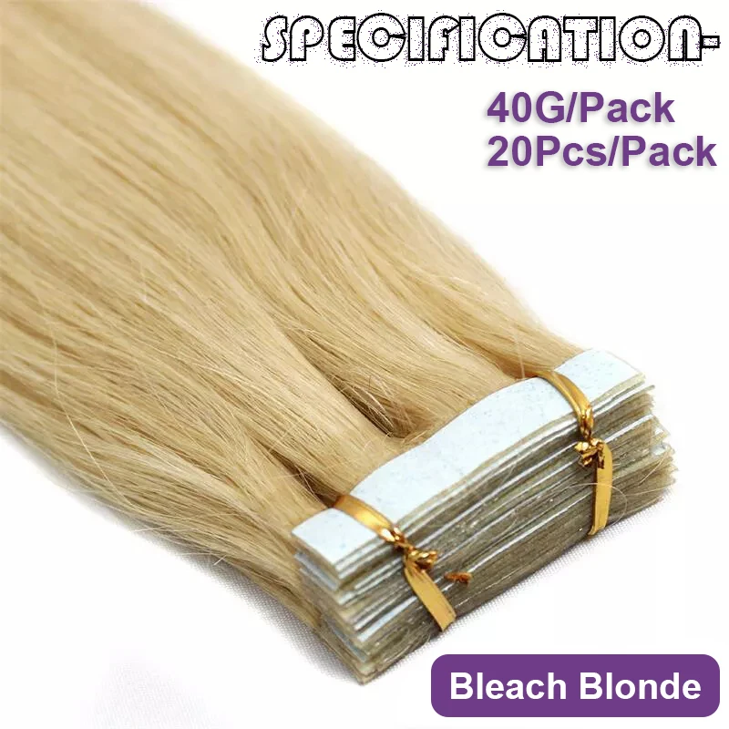 Human Hair Extensions Tape Ins #613 Blonde Tape In Hair Extensions Human Color Bleach Blonde Skin Weft Seamless Ins
