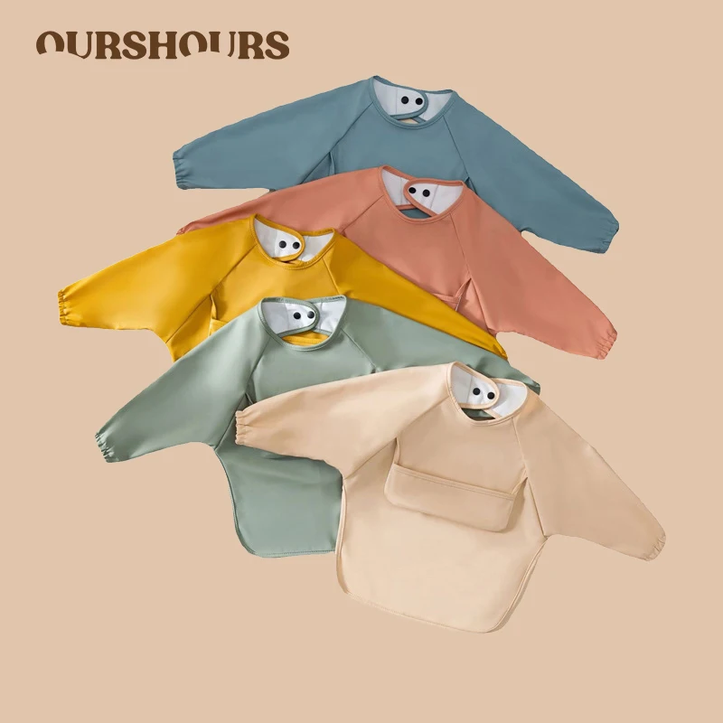 

Baby Bibs PU waterproof Infant Solid Color Smock with Pocket Children Long-sleeved Apron for Boys Girls Baby Feeding Accessories