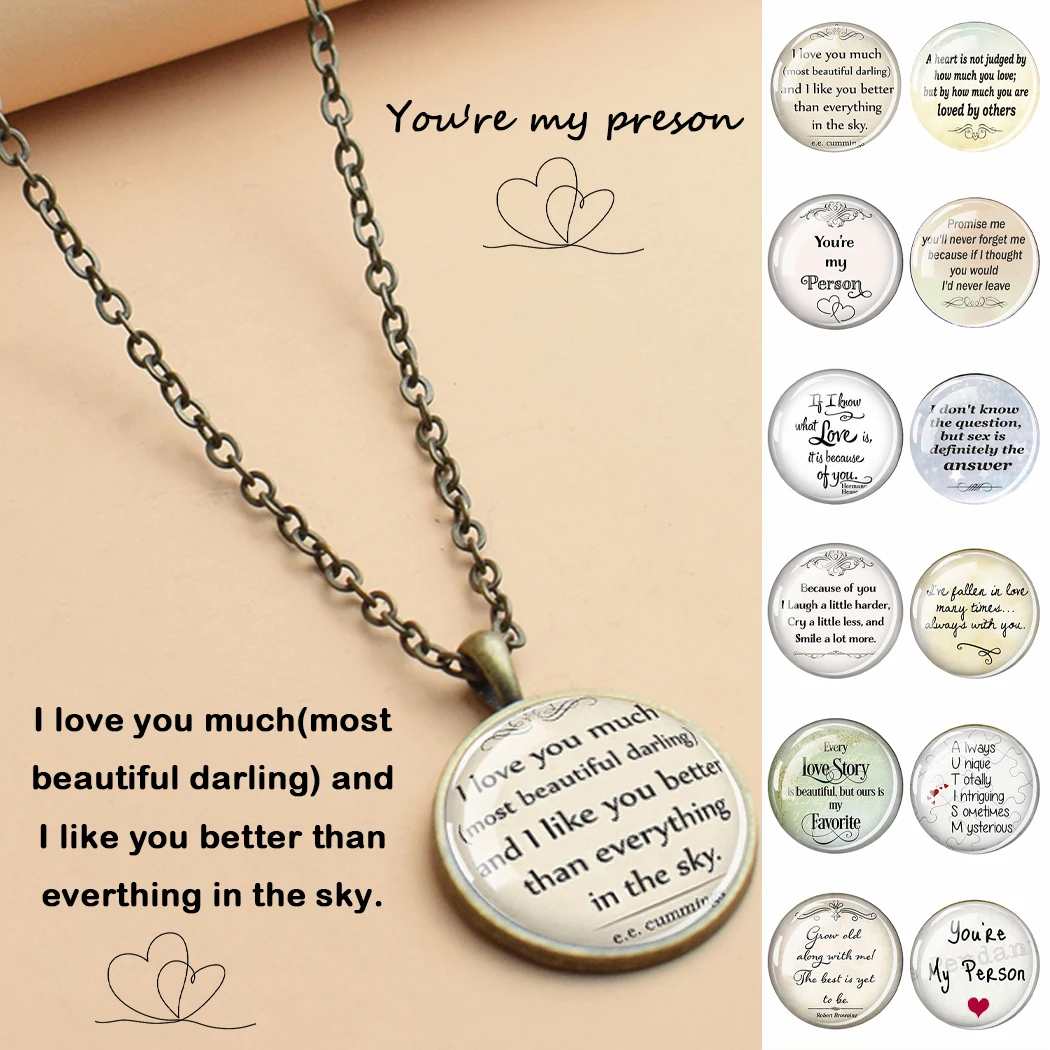 

Vantage Love Quotes Glass Pendant Copper Necklace Romantic Love Words Pendant Necklace Valentine's Day Gift for Girl Women Lover