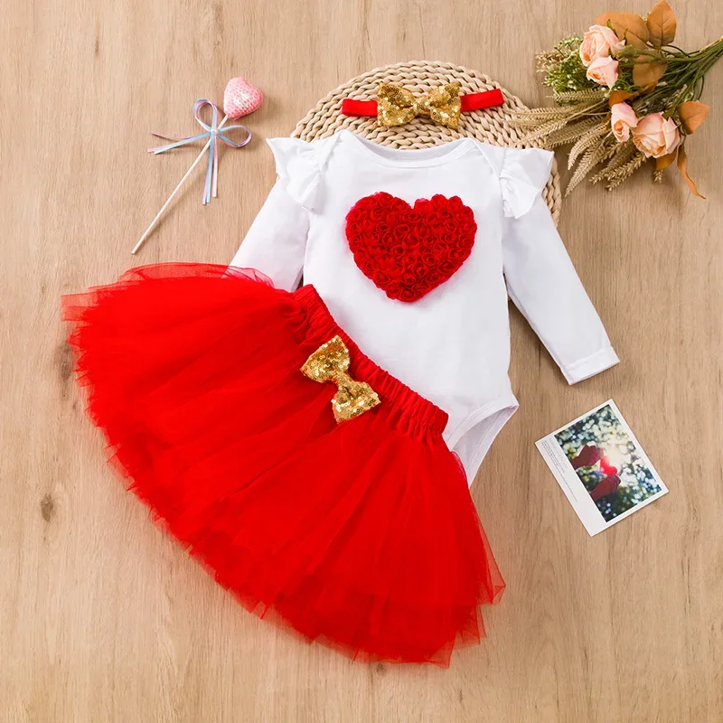 Baby Birthday Tutu Romper Skirt Heart Flower Mother's Day Love Flying Sleeves Sweetheart Clothes Mesh Half Skirt Set Baby Dress