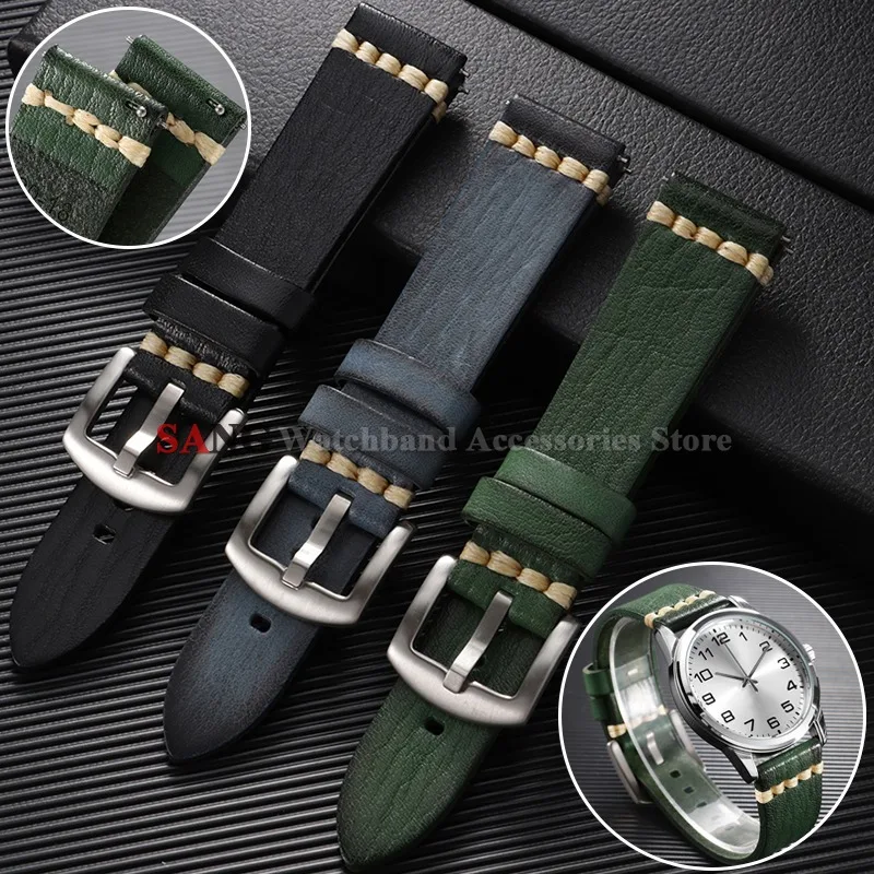Vintage Retro Leather Watch Band with Quick Release and Stitching Details