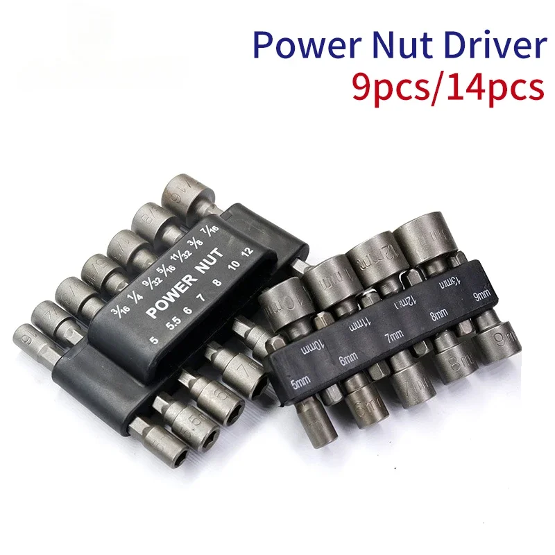 9pcs 14pcs Power Nut Driver Drill Bit Set 5-12mm Hexagonal Shank Hex Nut Socket 1/4