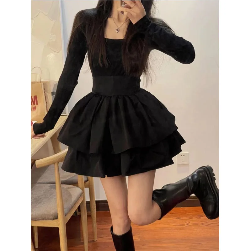 

HOUZHOU Black Knitted Women's Dress Party Bodycon Tunic Fluffy Korean Fashion Harajuku Long Sleeve Mini Dresses Summer Aesthetic