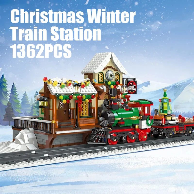1362PCS Winter Train Station Building Blocks With Light Railway