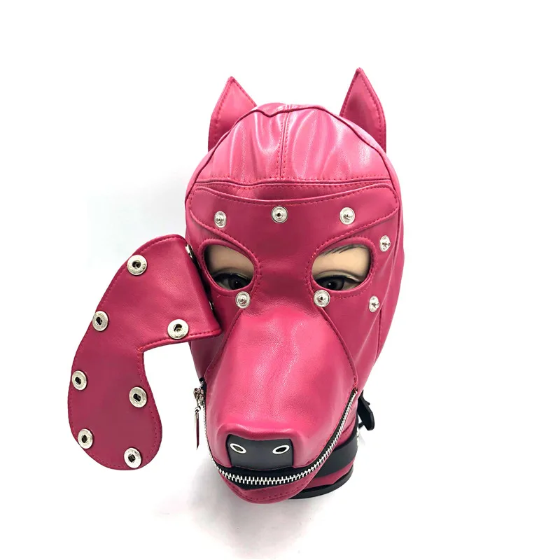 Männer maskierte PU-Leder-Hundekopfbedeckung BDSM Cosplay Reißverschluss offener Mund Augenbinde Maske Kapuze Feti_voghion.com