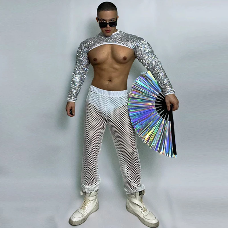 

Nightclub Gogo Dance Costume Sexy Sequins Tops Mesh Pants Rave Outfit Muscle Man Pole Dancing Clothes Hip Hop Dancewear