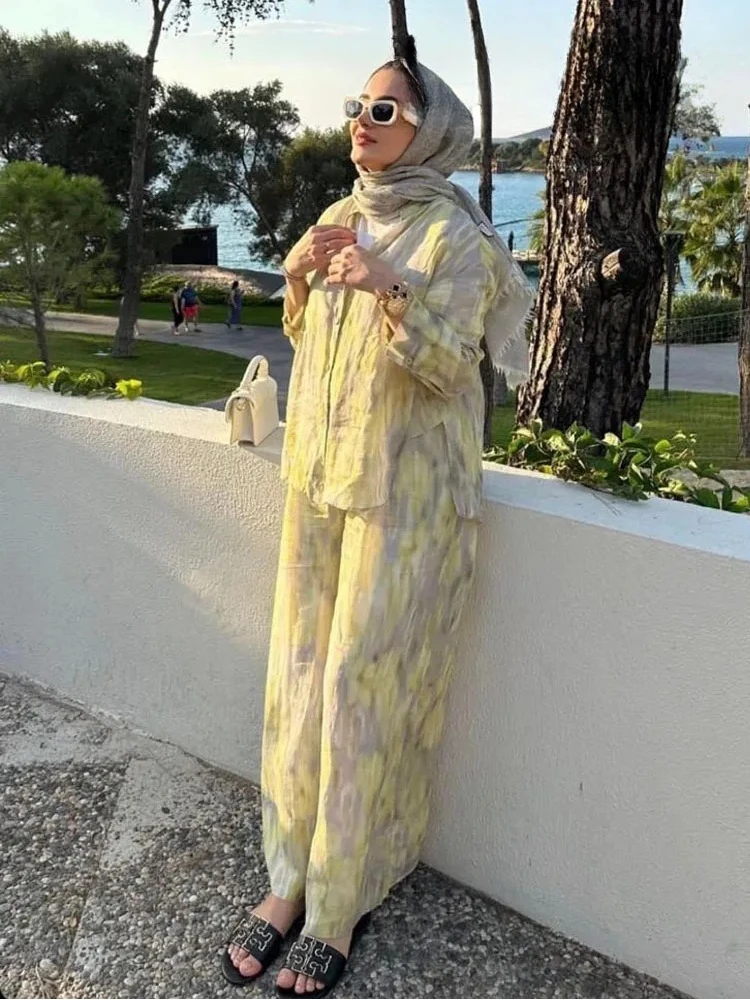 ZABA Women's Tie-Dye Printed Set Lapel Shirt Asymmetric Button Long Sleeve Shirt and Casual High-Waisted Loose Wide-Leg Trousers