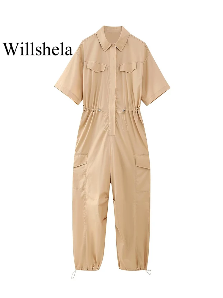 

Willshela Women Fashion With Pockets Khaki Single Breasted Jumpsuits Vintage Lapel Neck Short Sleeves Female Chic Lady Rompers