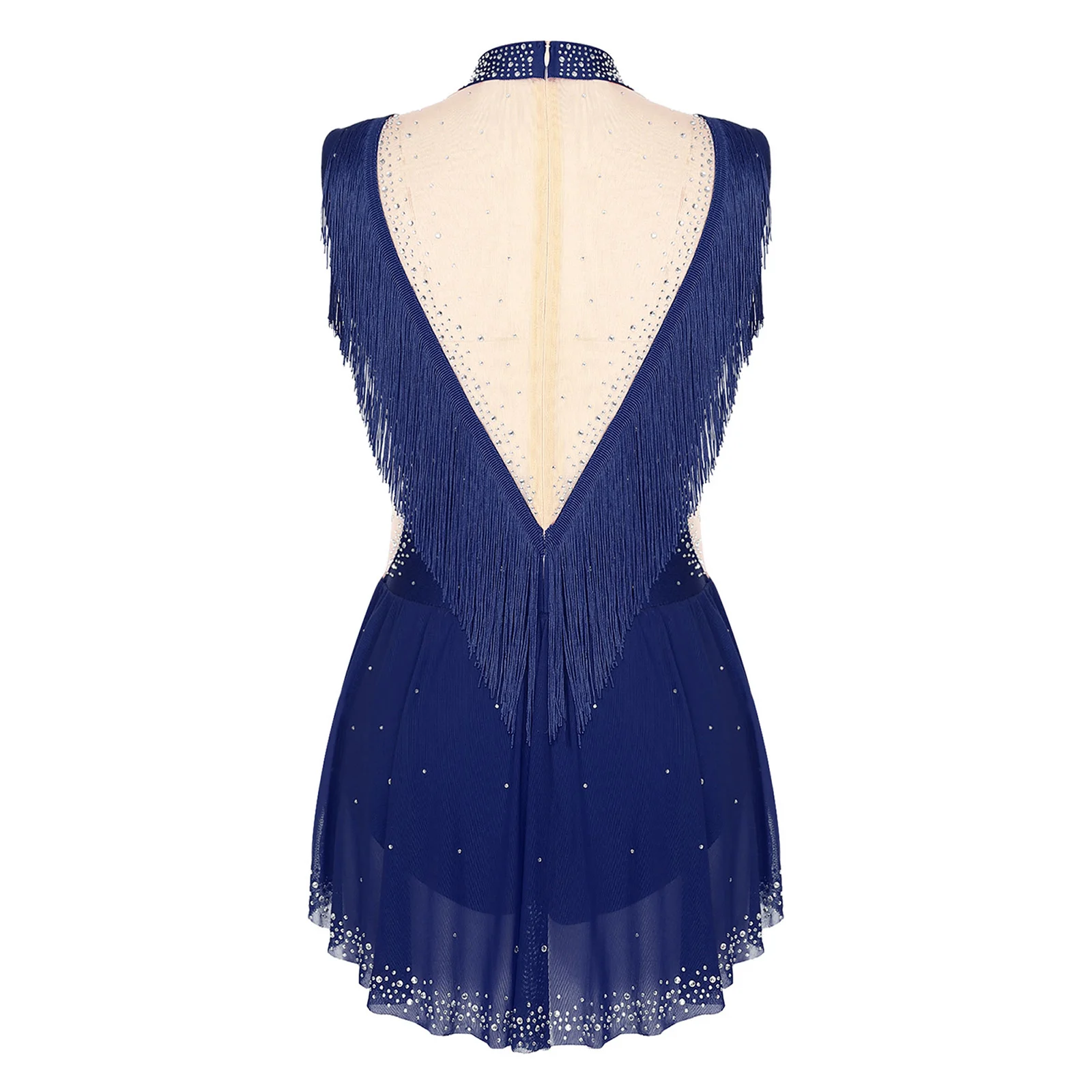 6–16 Jahre Mädchen-Eiskunstlauf-Trikotkleid, ärmellos, Strasssteine, Netz-Quasten-Body für lyrischen lateinamerikanischen Tanz, Ballett, Gymnastik – Detail 8