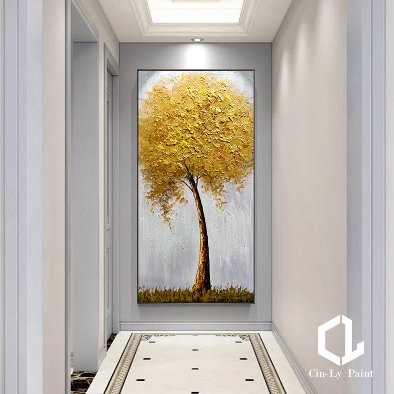 

Pure Handmade Golden Tree Oil Painting On Canvas Textured Modern Wall Art Mural For Living Room Bedroom Decor Poster Frameless