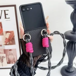 Elegant PU Leather Crossbody Phone Case with Weave Lanyard and Hard Protective Cover for Motorola Razr 60 (Black)