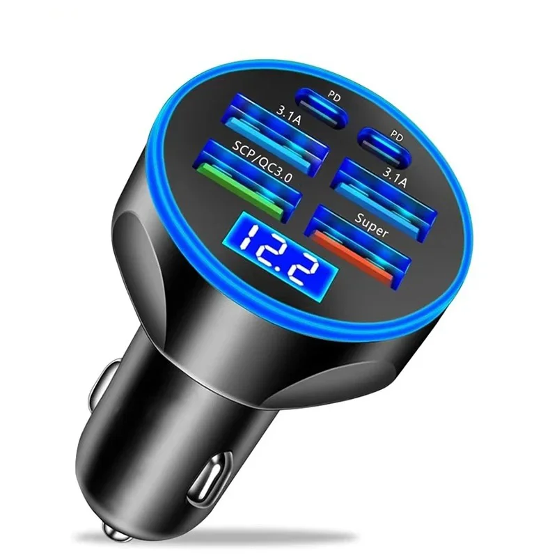6 in 1 USB 차량용 충전기 QC3.1 고속 충전 4USB+2PD 포트 차량용 시거잭 플러그 차량용 충전기 디지털 디스플레이 포함 플래시 충전