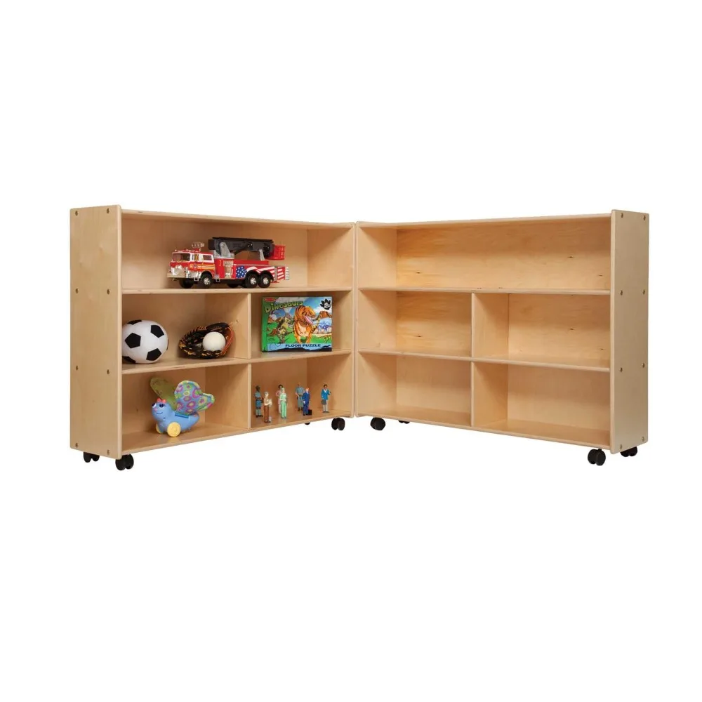 Extra large folding mobile storage organizer for daycare classroom preschool wood furniture on rolling casters with 4 shelves