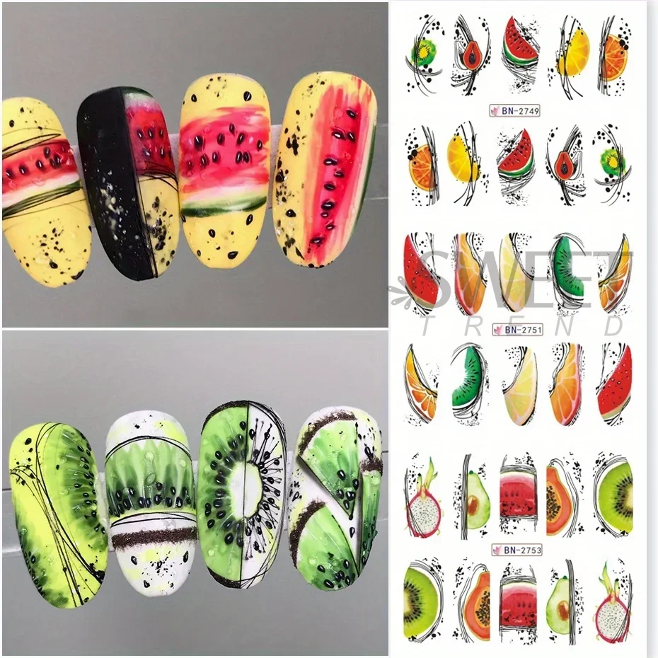 2 Sheet Abstract Line Fruit Water Nail Sliders Geometry Pawpaw Watermelon Avocado Image Decal Summer Tropical Charm Tattoo Foils