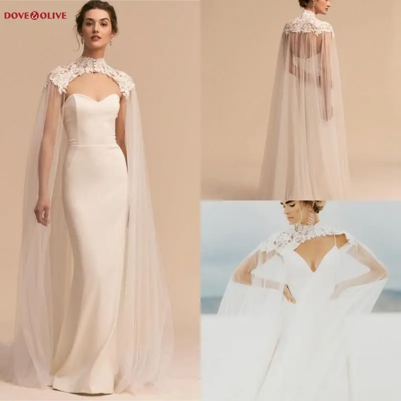 

White Ivory Wedding Cloak Lace Applique Long 2022 Soft Tulle Bridal Wrap Bride Cape Party Jacket Shrug Women Formal Elegant