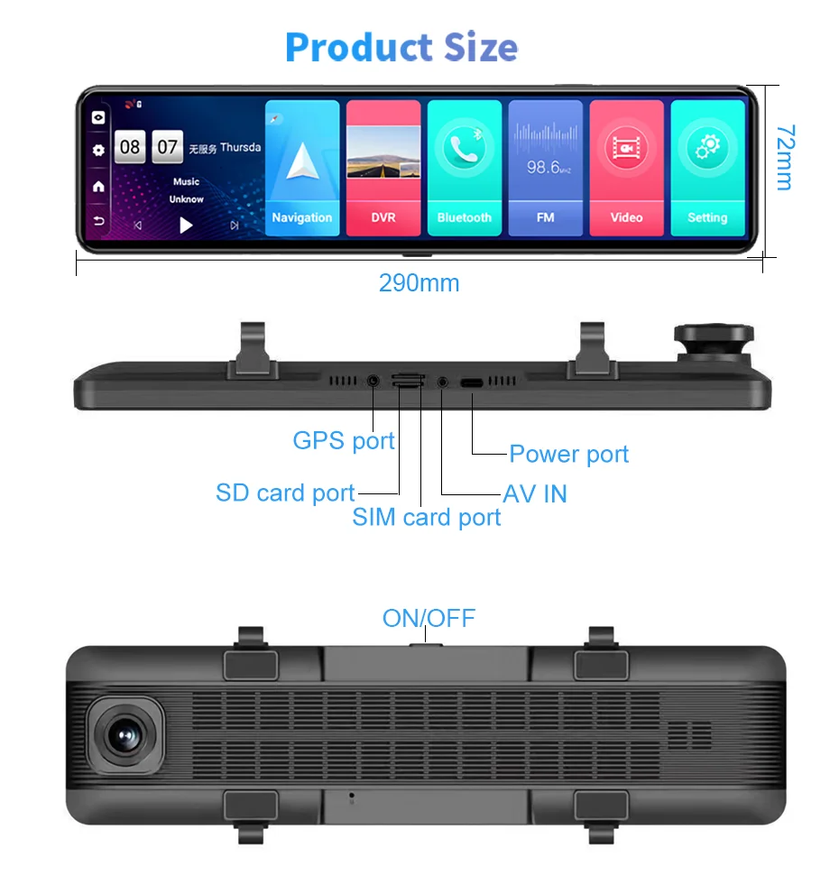 12" Touch Screen 4G ADAS Car Smart Rearview Mirror Video Recorder GPS Navigation DVR 2GB+32GB Dual Camera Android 8.1 Dashcam