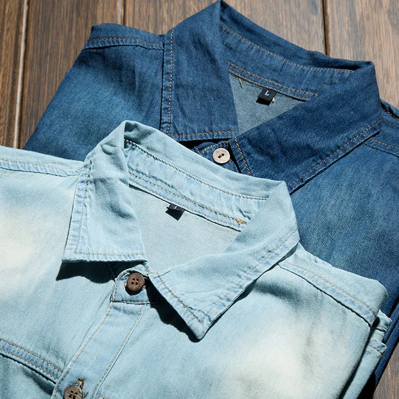 Fashion Classic Retro Jeans Shirt with Pocket Slim Fit Men's Long Sleeve Blue MY850 for Spring