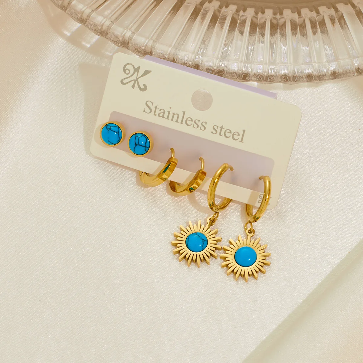 3 set Stainless Steel Blue Stone Hoop Earrings For Women Fashion Anti-rust Ear Jewelry 1