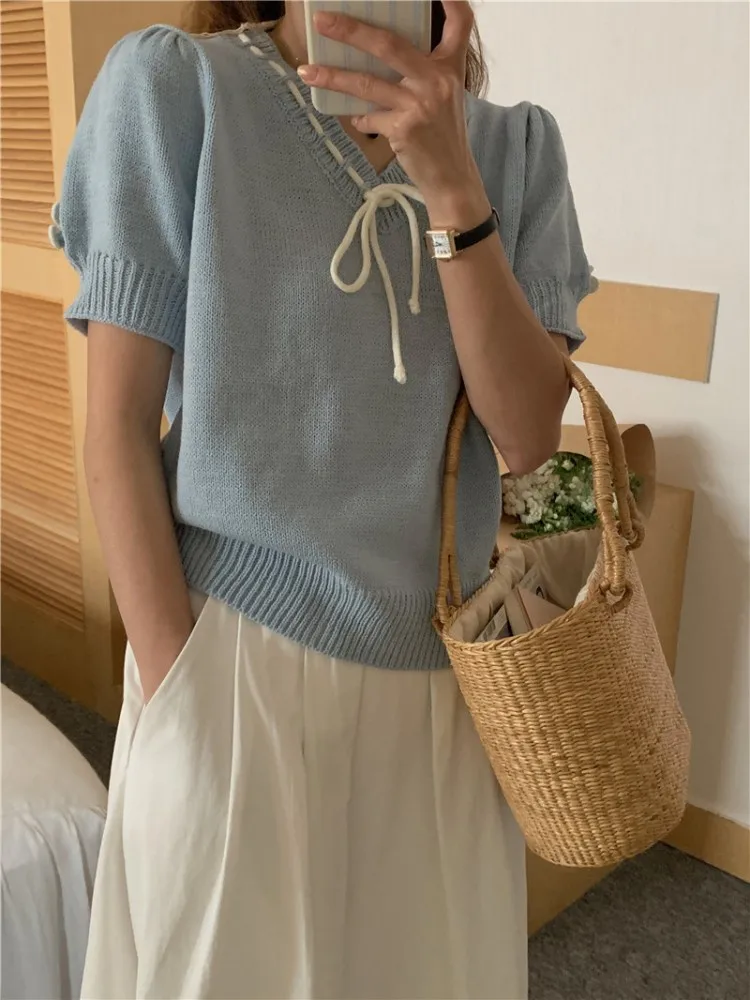 

3 colors Spring Autumn 2023 Korean French Style Sweet Puff Short Sleeve Knitted Sweaters and Pullovers Female (G8252)