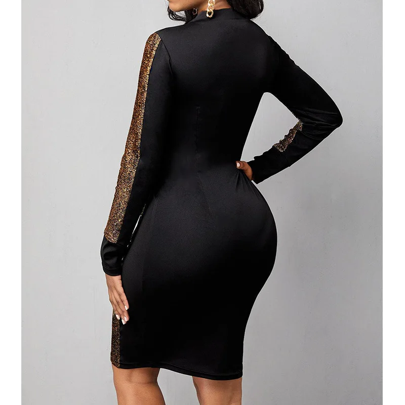 Nightclub Fashion Net Yarn Splicing Bright Filament Long Sleeve Plus Size Dress Sexy Round Neck Slim Bag Hip Zipper Pencil Skirt