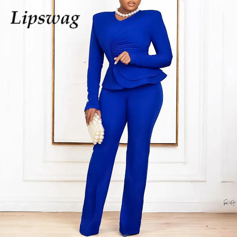 

Casual Commuter Ol Two-Piece Fashion Long-Sleeved Slim-Fitting Ruffle Top Jumper And Straight Pants Suit Women Office Suit 2024