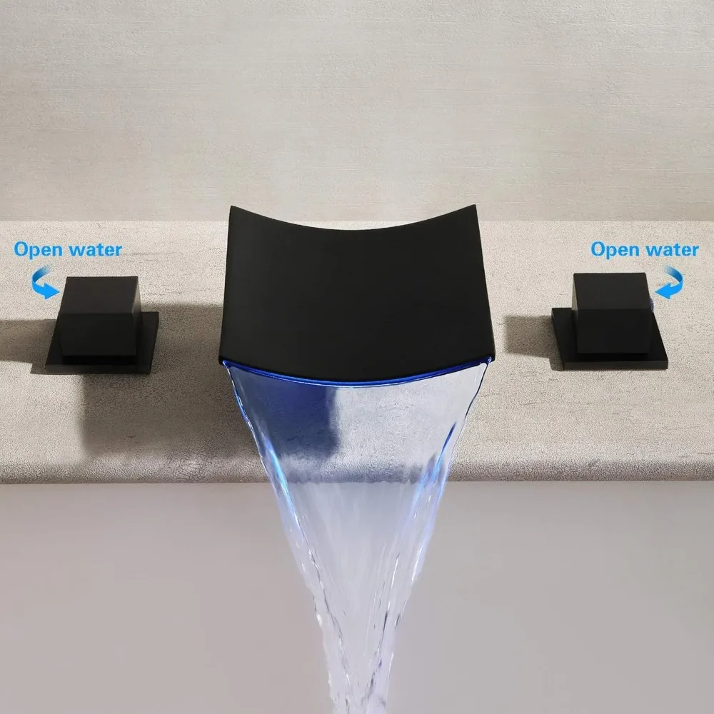 8 Inch Widespread Matte Black Waterfall Faucet Set with Light, Deck-Mounted Two-Handle Bathroom Fixture