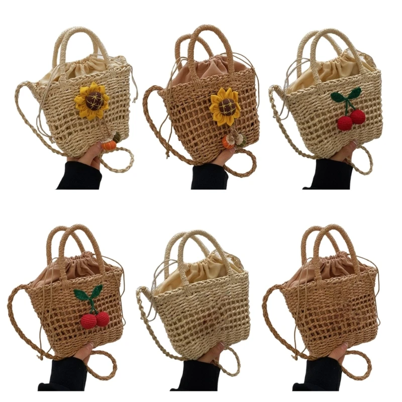 

Summer Lace Floral Straw Bag Bucket Shoulder Bag Crossbody Bags for Women Girls E74B