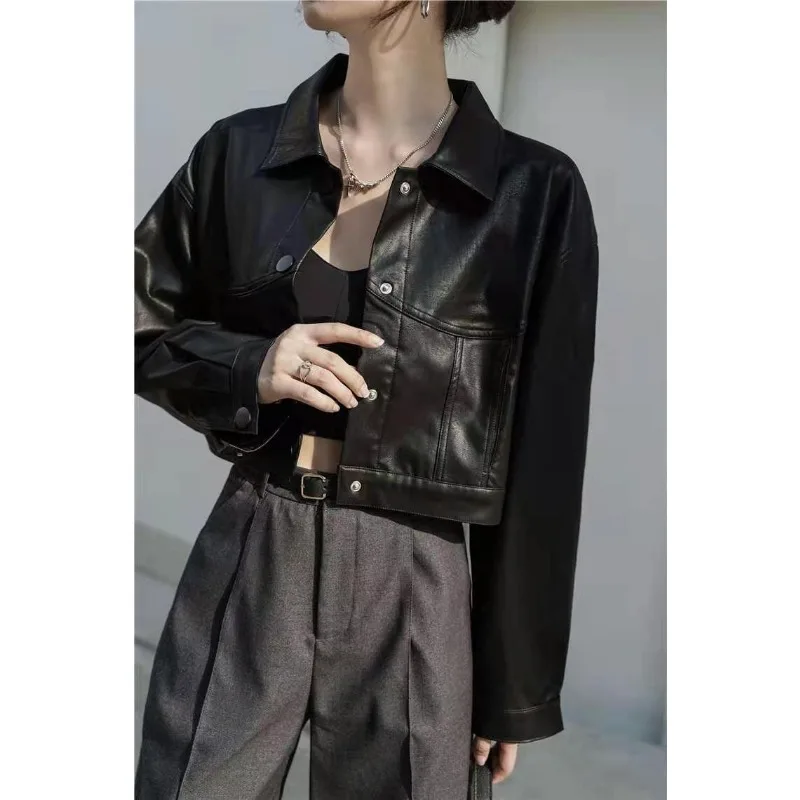 Vintage Leather Jacket Motorcycle Bomber Jacket Single Breasted Long Sleeve Streetwear Spring Short Tops Korean Chic Black Coat