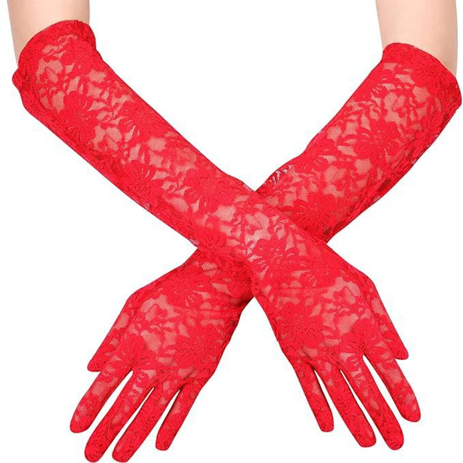 Black White Red Long Lace Gloves Bride Gloves For Bride Finger Guantes
