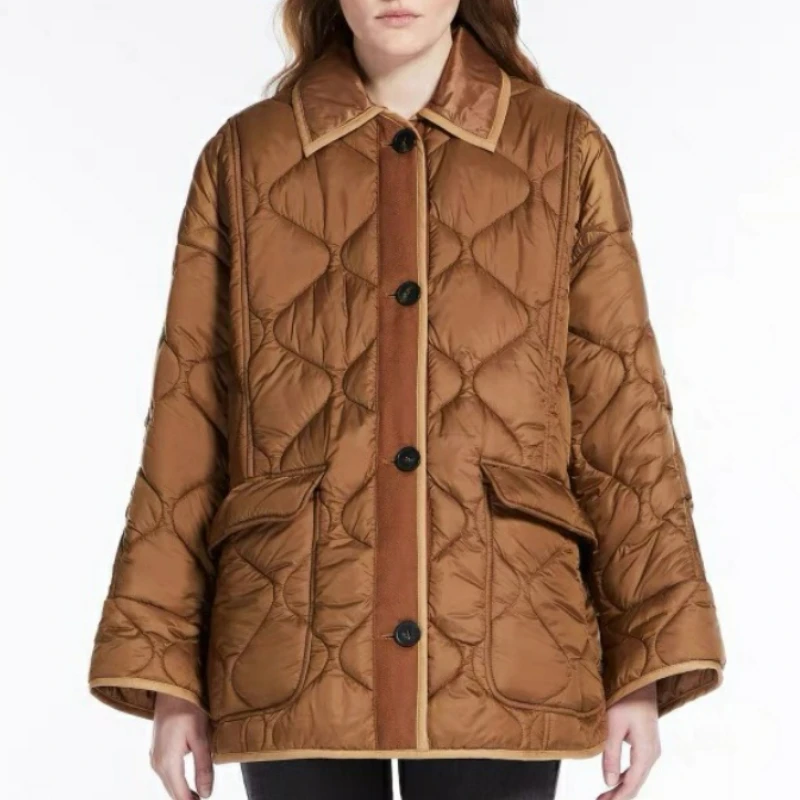

New Autumn and Winter Caramel Color Lapel Quilted Cotton Women Coat