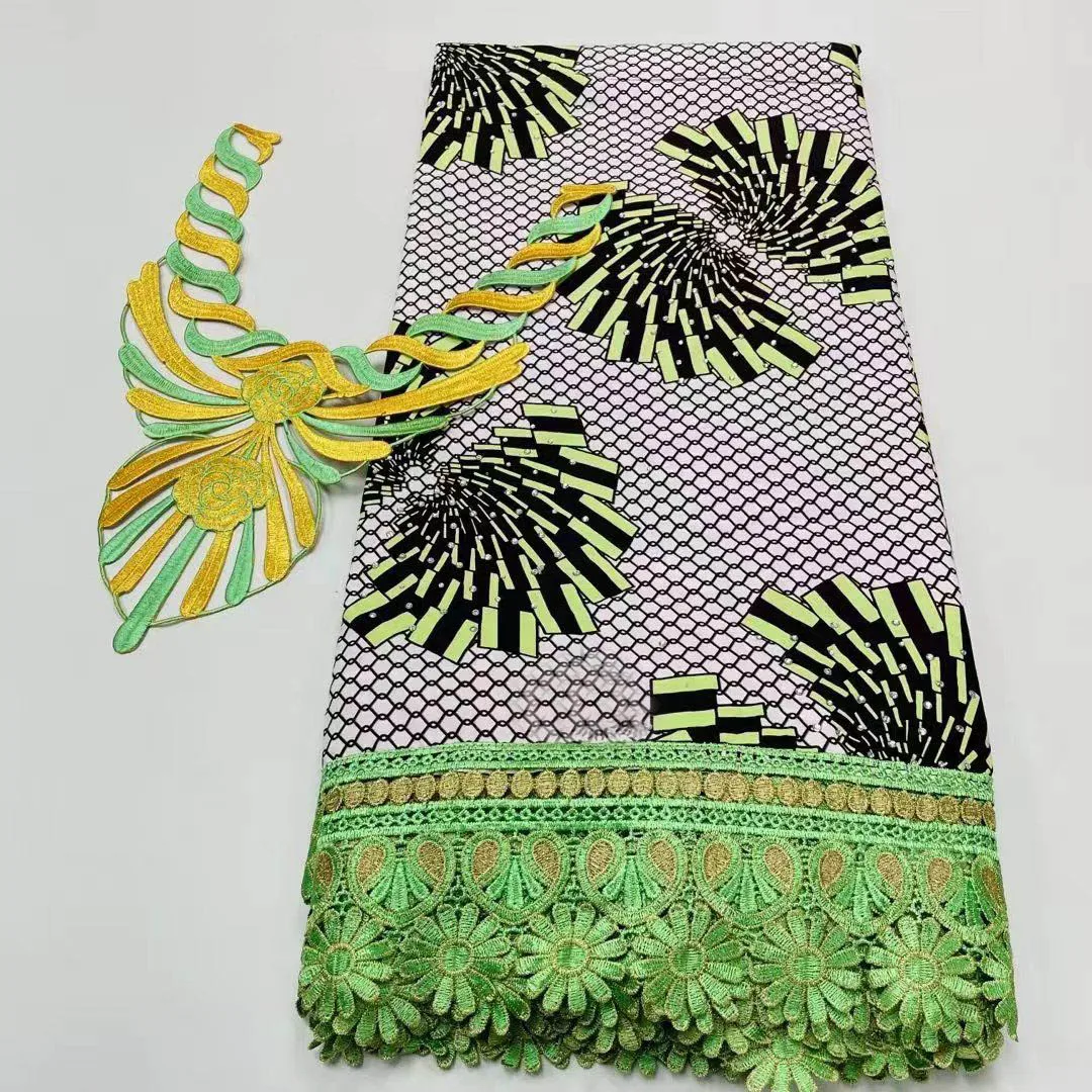

Original Heavy Quality Big Flowers Embroidery Neck With Stones Wax Fabrics Soft Cotton Ankara Printed Wax Materials 6Yards