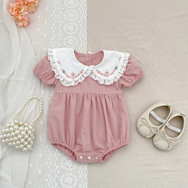 0-24M Newborn Baby Girl Pink Romper Short Sleeve Rompers New Infant Clothes Round Neck Flower Embroidery Bodysuit Newborn Outfit 1