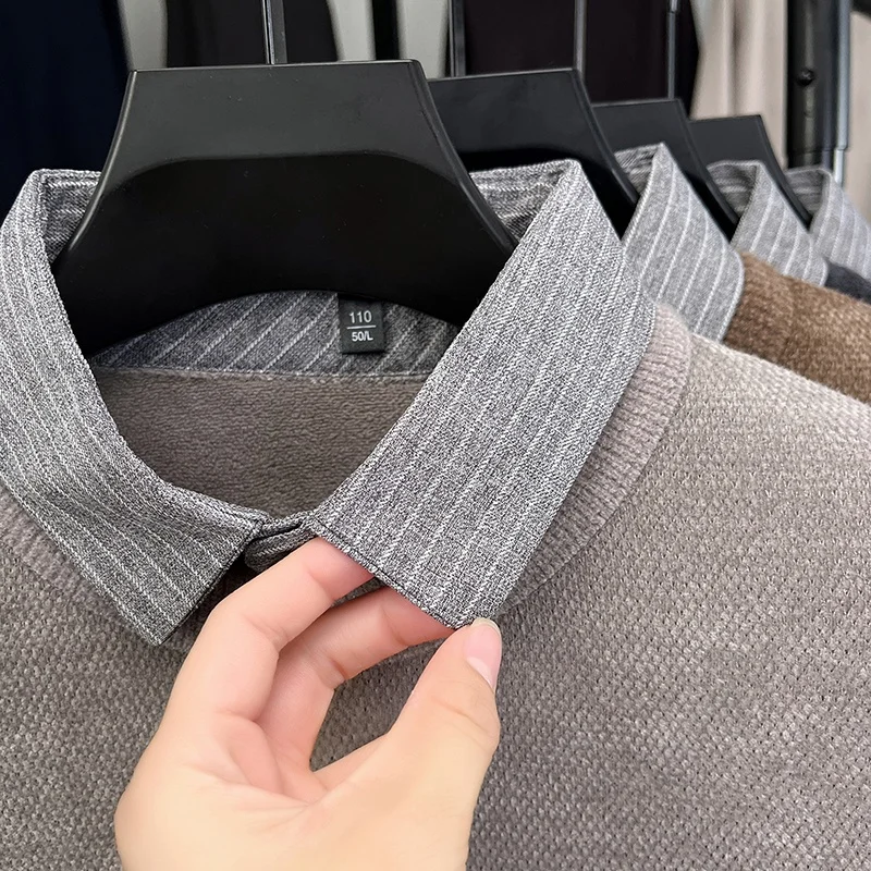 Heiße Verkäufe Hohe Qualität Plüsch Verdicken männer Revers Gefälschte Zwei-Stück Gestrickte Pullover Winter Neue Ankunft Druck Weiche business Männer derbekleidung – Detail 12