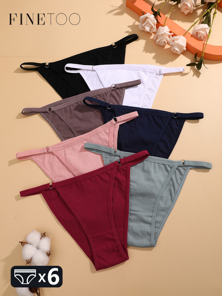 FINETOO 6Pcs Women's Cotton Panties Sexy Metal Ring Waist Underwear Solid Breathable Panties Ladies Soft Briefs Comfort Lingerie