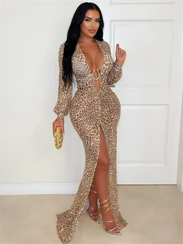 Weird Puss Sexy Leopard Split Dress Women Deep V-Neck Metal Decoration Elegant Peach Hip Street Club Stretch Skinny Maxi Bodycon 1