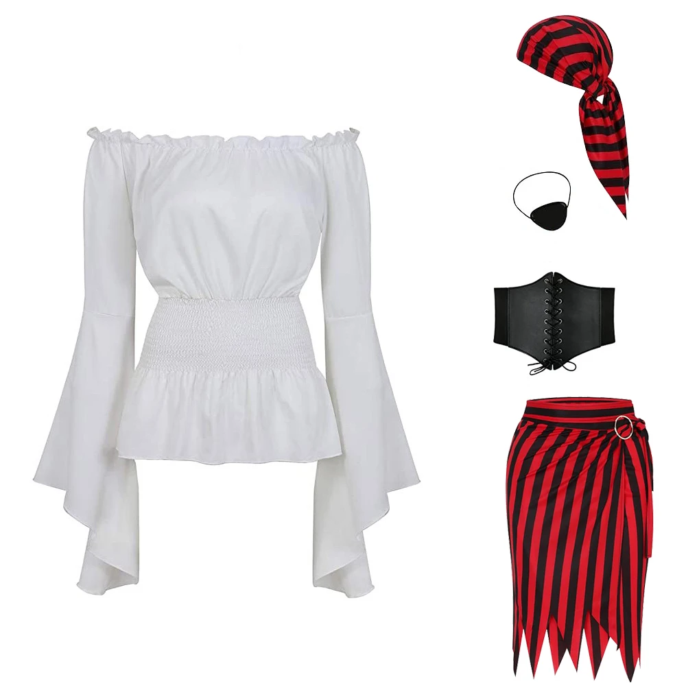 thumbnail image 1 of Disfraz de pirata para mujer, 5 piezas, blusa renacentista, camisa, corsé, cinturón, parche en el ojo, falda pirata, disfraz para fiesta de Halloween, 1 of 5